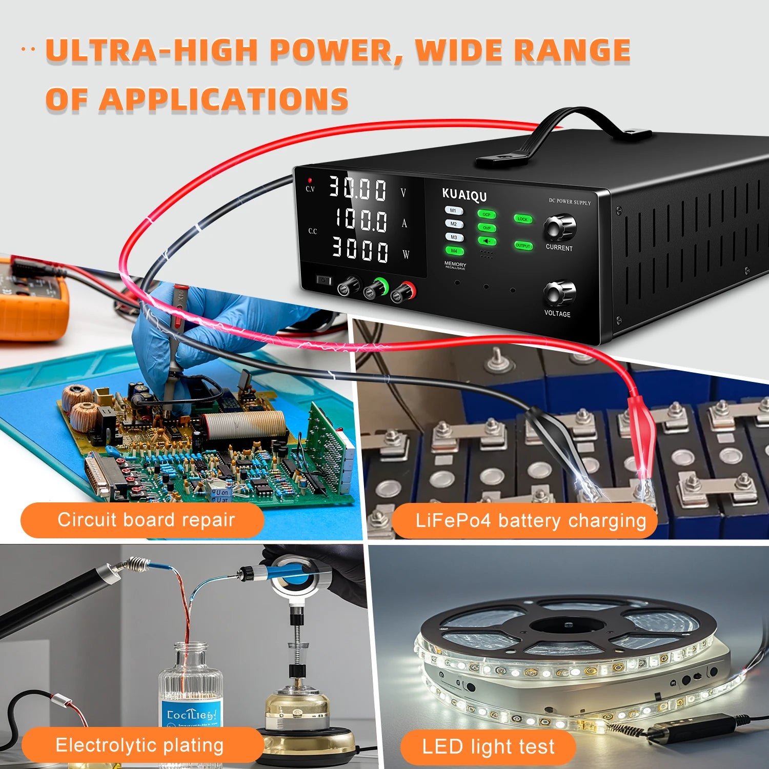 KUAIQU 3000W High Power Adjustable Bench Power Supply 1000V 300V 200V 100A 60A 30A Lab Power Supply OCP Alarm OVP Output Switch.