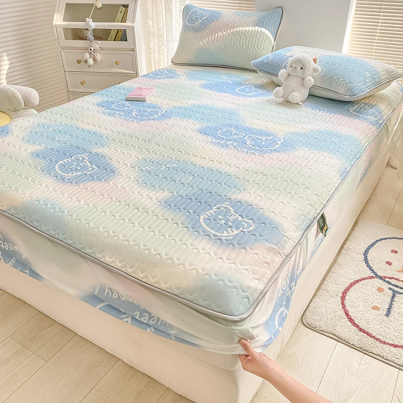 High Quilt Thicken Latex Cooling Mattress Cover Summer Cool Down Soft Bed Mat and Pillowcase Machine Washable Cold Feel Bed Pad.