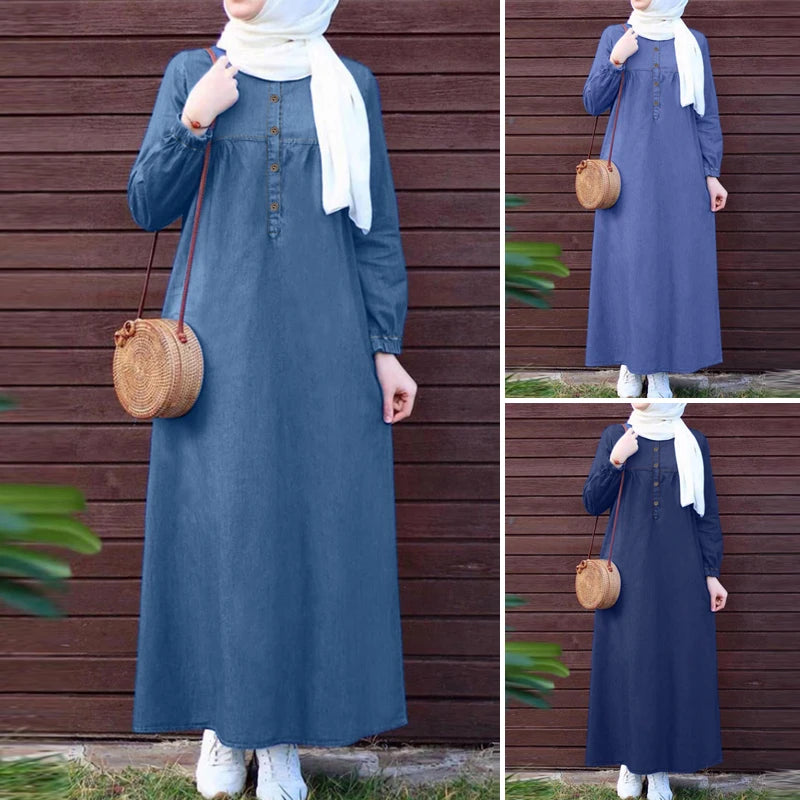 ZANZEA Women Vintage Muslim Abaya Dress 2024 Autumn Sundress Casual Long Sleeve Solid Maxi Long Vestidos Kaftan Islamic Clothing.