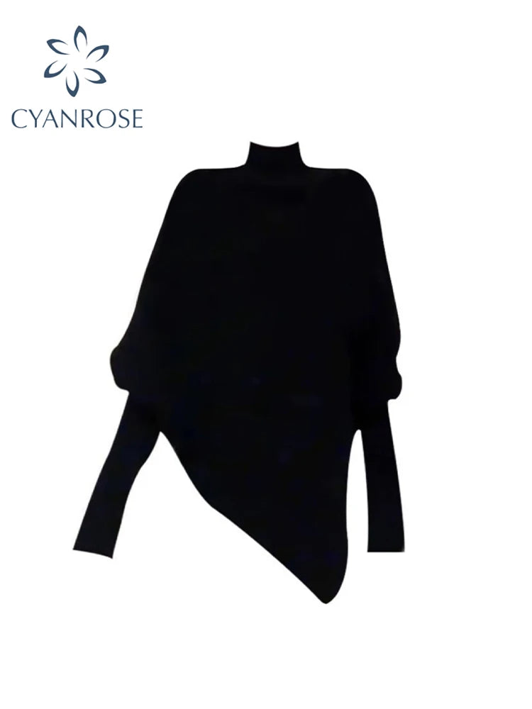 Women Black Gothic Pullover Sweater Harajuku Aesthetic Y2k Long Sleeves Turtleneck Knitted Sweaters Vintage 2000s Clothes Autumn.