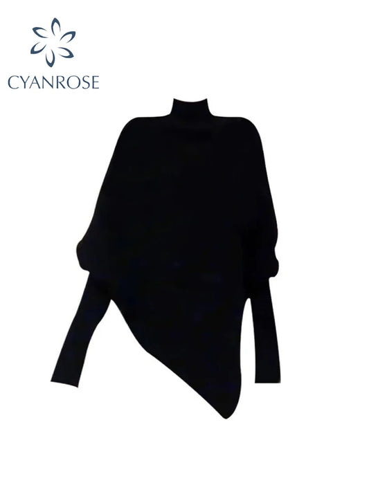 Women Black Gothic Pullover Sweater Harajuku Aesthetic Y2k Long Sleeves Turtleneck Knitted Sweaters Vintage 2000s Clothes Autumn.