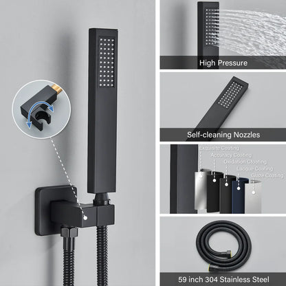 Matte Black Wall Mount Bathroom Shower Faucet 8/10/12/16 Inch Rainfall Mixed Hot Cold Water Mixer Bathtub Tap with Hand Sprayer