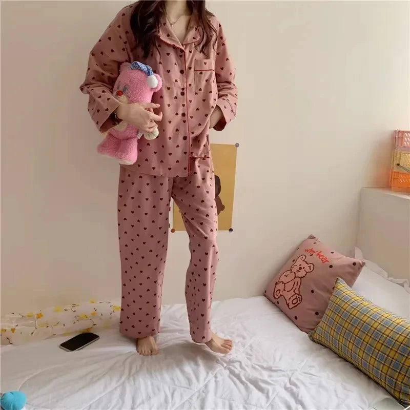 M-XXL Large Size Nightwear Women Sleepwear Autumn and Winter Cardigan Home Wear Peach Heart Long Sleeves School Silk Pajamas