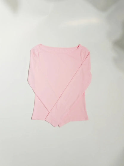 Summer Spring Slim-fitting Women's Clothing New One-neck Long-sleeved T-shirt Blouse Top Skinny Solid Color Tee.