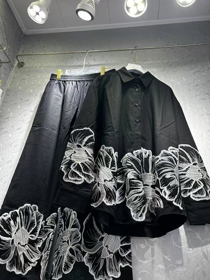 TWOTWINSTYLE Hit Color Loose Casual Two Piece Set For Women Lapel Long Sleeve Loose Top High Waist Temperament Pant Sets Female.