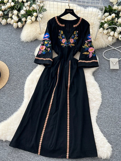 Sommer Freizeit Urlaub Langes Kleid für Frauen Neue Retro Ethnischen Stil Bestickt V-ausschnitt Ausgestellte Ärmel Taille Cinched Kleid D27