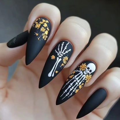 24Pcs Gothic Halloween Press On Nails - Creepy Skeleton Finger Fake Nails, Long Almond Black/White Acrylic False Nails Patches.