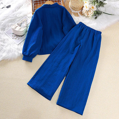 Girls Sets 4-16 Years Shirt Long-Sleeved Coat + Loose Casual Long Pants For Girls Korean Style Suits Summer Fashion Clothes Sets.