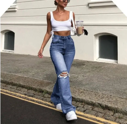 Women's Spring and Fall New Fashion Casual Ripped High-waisted Slightly Flared Pants Jeans Slim-fit Wash Jeans Long Pants Y2k.