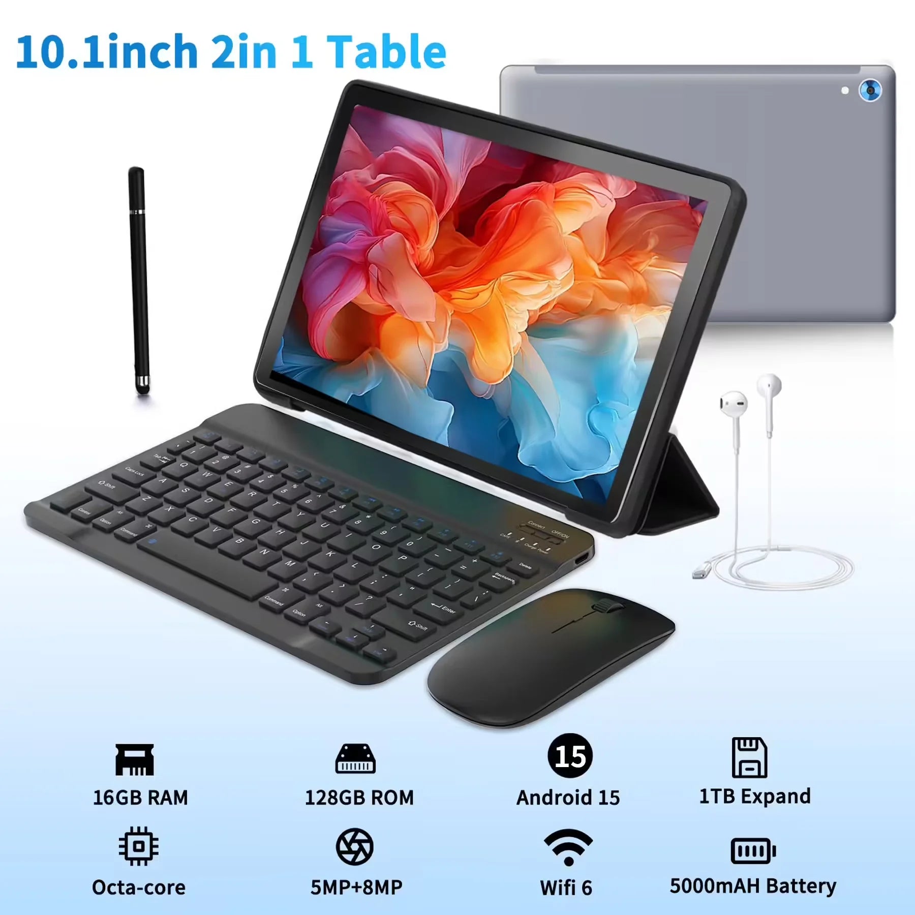 URAO C108 10 Inch Tablets Android 14 A523 Octa Core Tablet 14GB+128GB 1 TB Expansion WiFi 6 5MP+8MP Camera Keyboard Mouse Set.