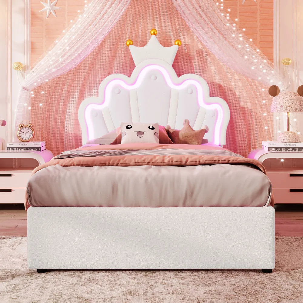 Polsterbett ohne Matratze, ferngesteuertes Umgebungslichtbett mit 2 Schubladen, kronenförmiges Prinzessinnenbett, verstellbarer Kopf, PU, Weiß