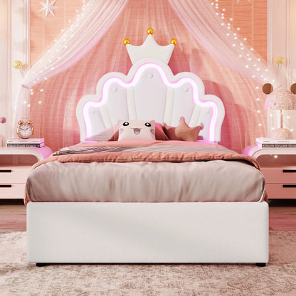 Polsterbett ohne Matratze, ferngesteuertes Umgebungslichtbett mit 2 Schubladen, kronenförmiges Prinzessinnenbett, verstellbarer Kopf, PU, Weiß