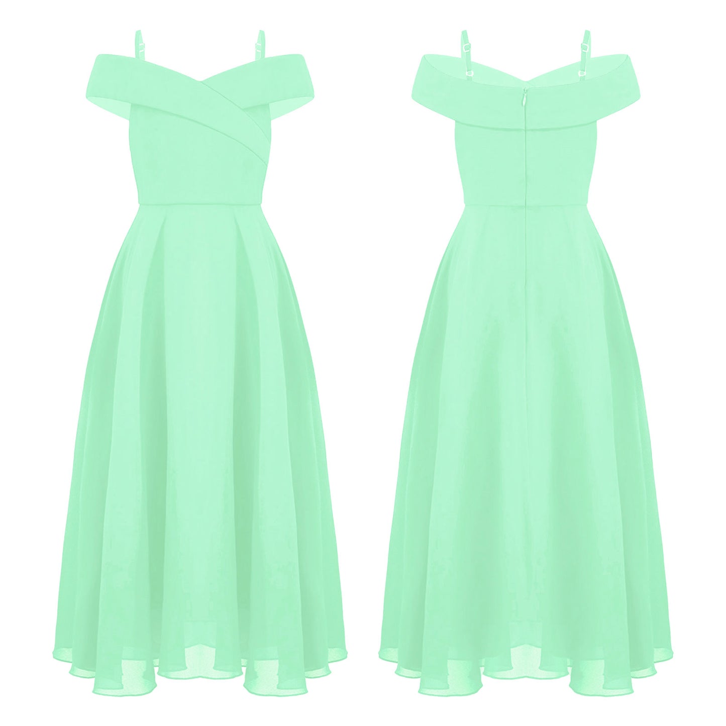 Elegantes Chiffon-Partykleid für Mädchen, schulterfrei, verstellbarer Spaghettiträger, bodenlanges Maxikleid für Hochzeit, Geburtstag, Abend