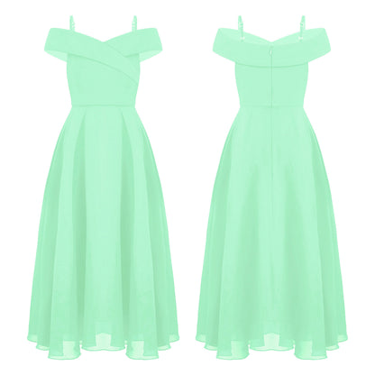 Elegantes Chiffon-Partykleid für Mädchen, schulterfrei, verstellbarer Spaghettiträger, bodenlanges Maxikleid für Hochzeit, Geburtstag, Abend