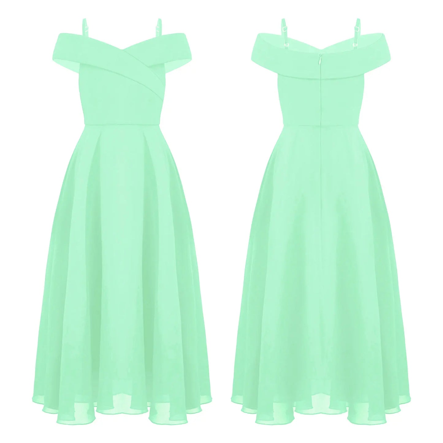 Elegantes Chiffon-Partykleid für Mädchen, schulterfrei, verstellbarer Spaghettiträger, bodenlanges Maxikleid für Hochzeit, Geburtstag, Abend