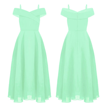 Elegantes Chiffon-Partykleid für Mädchen, schulterfrei, verstellbarer Spaghettiträger, bodenlanges Maxikleid für Hochzeit, Geburtstag, Abend