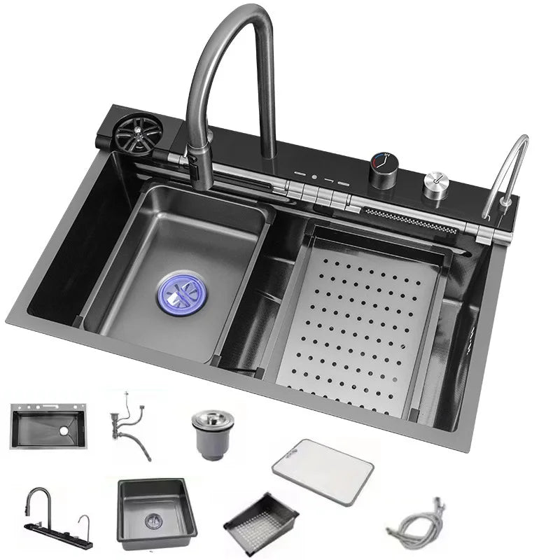 304 Edelstahl Wasserfall Küchen spüle große Einzels chlitz integrierte Digital anzeige Wasserhahn Set Seifensp ender Tasse Waschmaschine