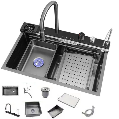 304 Edelstahl Wasserfall Küchen spüle große Einzels chlitz integrierte Digital anzeige Wasserhahn Set Seifensp ender Tasse Waschmaschine