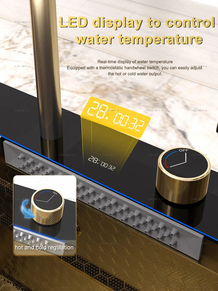 Goldenes Edelstahl-Wasserfall-Küchenspülbecken, multifunktional, groß, Einzelschlitz, Digitalanzeige, Geschirrspülbecken