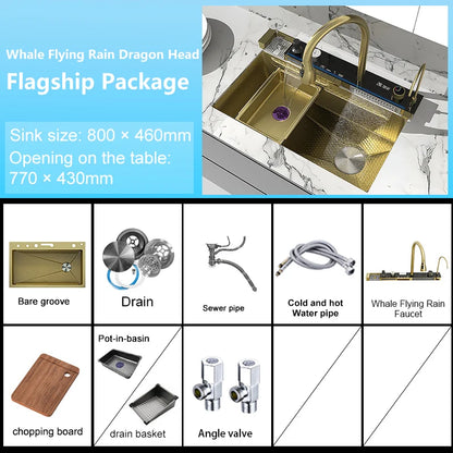 Edelstahl-Küchenspüle mit Wasserfall-Wasserhahn, integrierte Digitalanzeige, geprägtes Waschbecken für die Küche