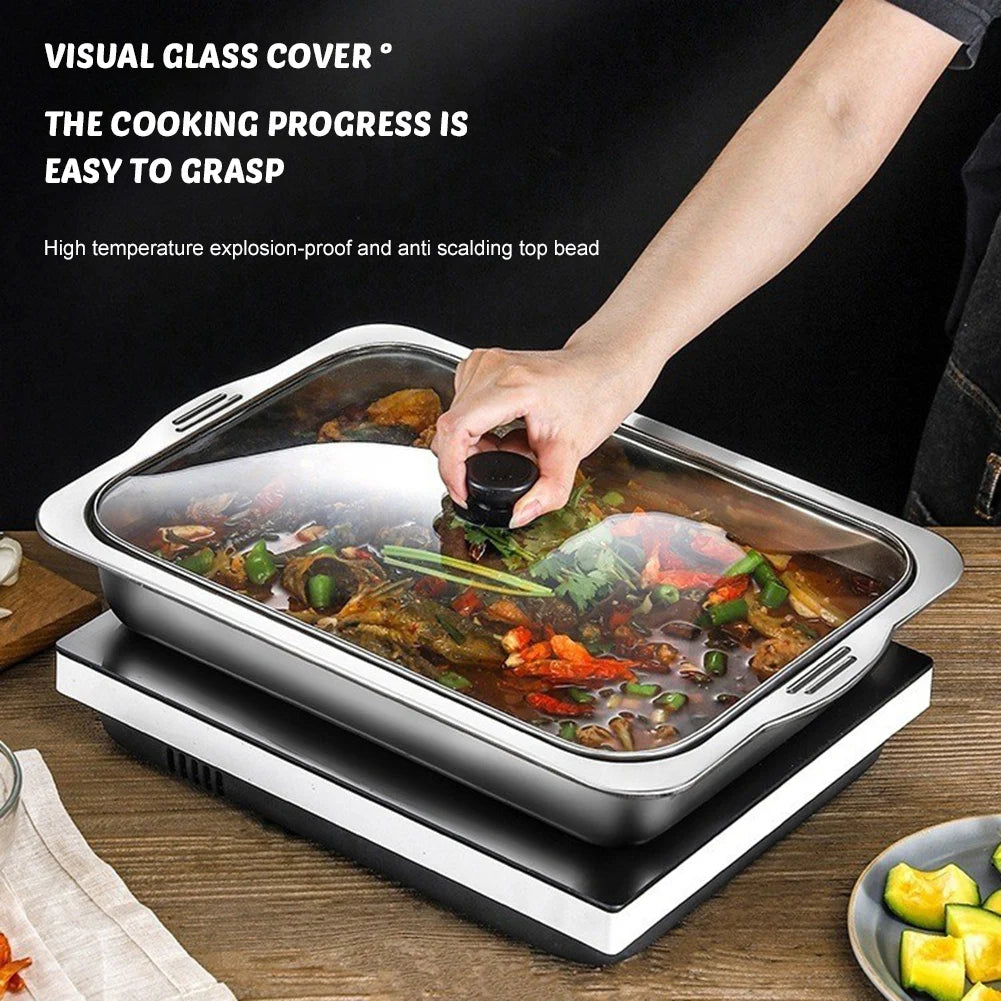 Large Capacity Stainless Steel Fish Deep Plate Both Gas and Induction Cooker BBQ Fried Beef Food Tray Seafood Dish Bbq Plate.