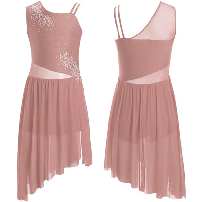 6–16 Jahre Mädchen, modernes lyrisches Tanzkleid, ärmellos, glänzender Strass-Trikot, Tanzkleidung für Skating, Gymnastik, akrobatische Leistung.