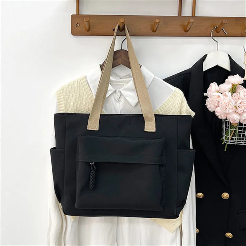 Nylon Tote Bag with Multiple Pocket Lightweight Foldable Design for Office Commute Shopping Fitness Storage Handbag Shoulder Bag.