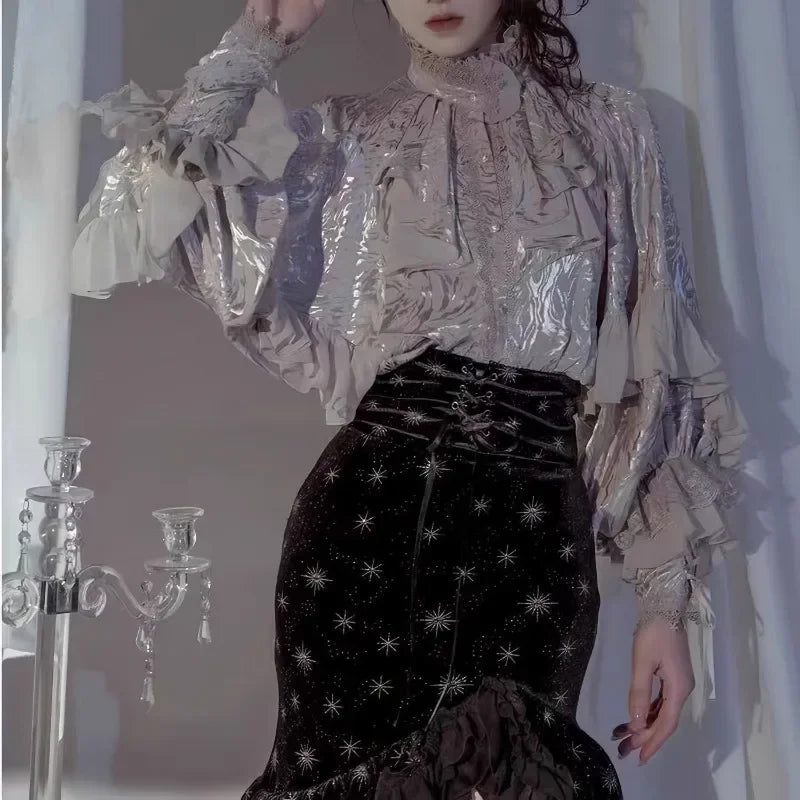 Lolita Y2k Gothic Dark Academia Clothes Loose Long Sleeve Shirt Women Y2k Stand Collar Ruffles Patchwork Blusas De Mujer.