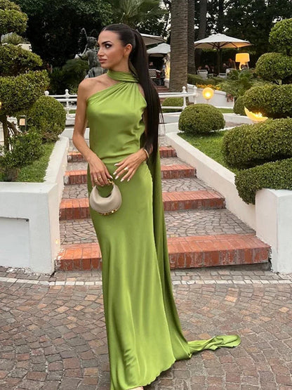 Band hängenden Hals lange Kleider schräg Schulter schnüren rücken frei seidig Satin Temperament Slim Fit Neck holder Frau Fischschwanz Kleid.