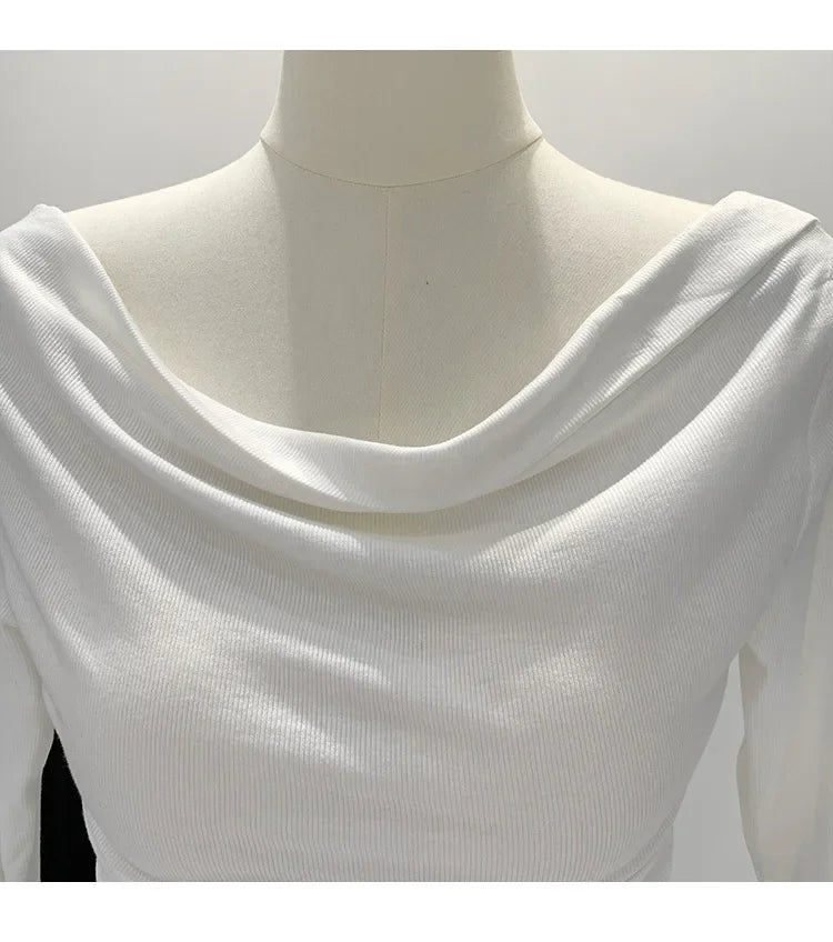 Off-The-Shoulder Long Sleeve T-Shirt Women's Early Autumn New Slimming Design Korean Style Sweet And Spicy Fashion Tops.