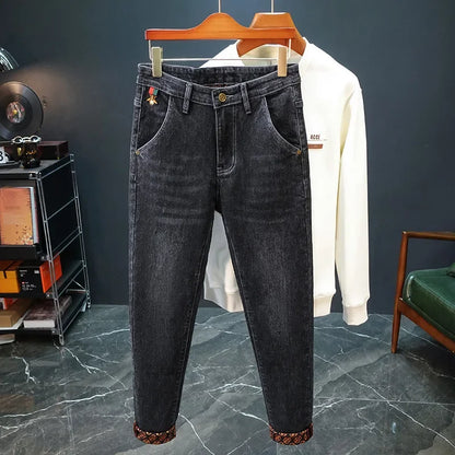 Gestickte Slim-Fit-Jeans mit geradem Bein, High-End-Freizeithose für Herren, durchgehender Bodendruck, dehnbar, trendige Marken-Freizeitjeans.