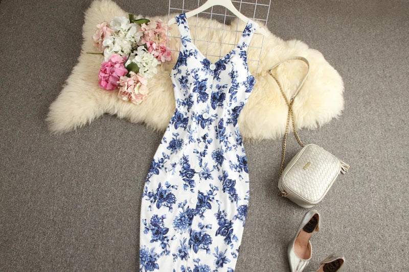 ALPHALMODA-Stretchy Tank-Kleid für Damen, schmales Baumwollkleid, einreihig, Blumendruck, elegant, Sommer, neu.