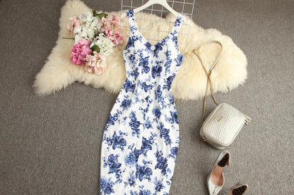 ALPHALMODA-Stretchy Tank-Kleid für Damen, schmales Baumwollkleid, einreihig, Blumendruck, elegant, Sommer, neu.