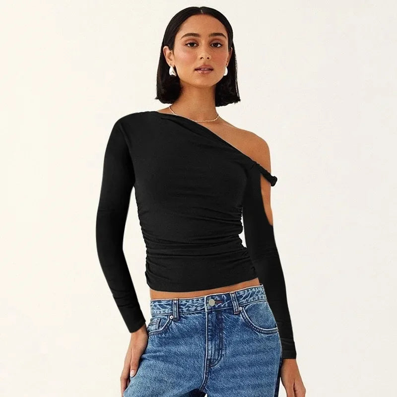 Autumn Asymmetric Single Shoulder Long Sleeve Pleated Solid Color New Style YTP Women's Top Asymmetrical Neckline T-shirt.