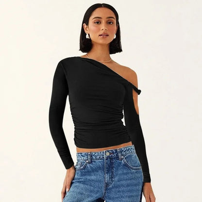 Autumn Asymmetric Single Shoulder Long Sleeve Pleated Solid Color New Style YTP Women's Top Asymmetrical Neckline T-shirt.