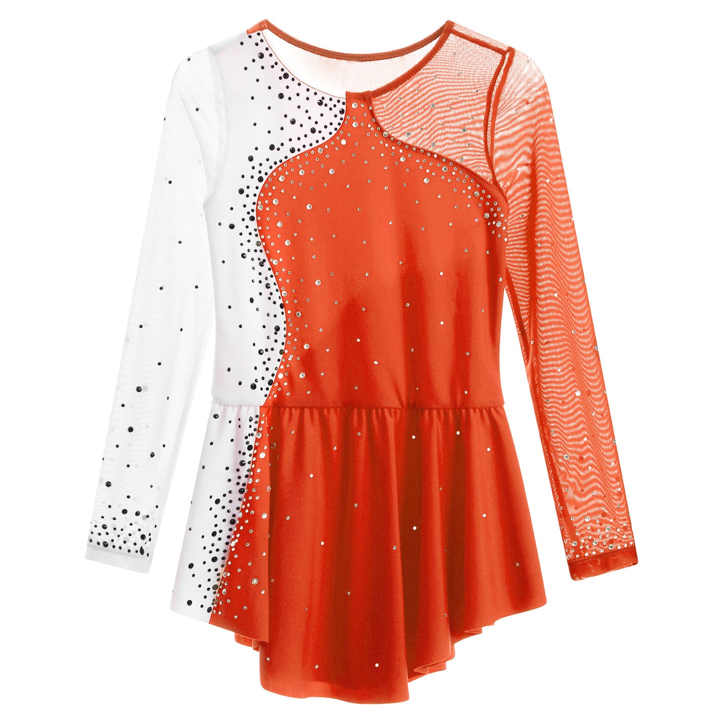 6-16Y Mädchen Eiskunstlauf Tanz Kleid Ballett Gymnastik Trikot Langarm Shiny Strass Sheer Mesh Leistung Dancewear