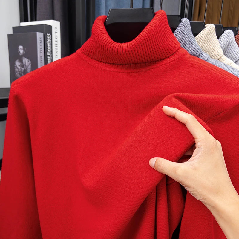 Autumn Mens High Quality Knitted Turtleneck Sweater Slim Fit Long Sleeve Anti-pilling Pullover Solid Color Trend Men Streetwea.