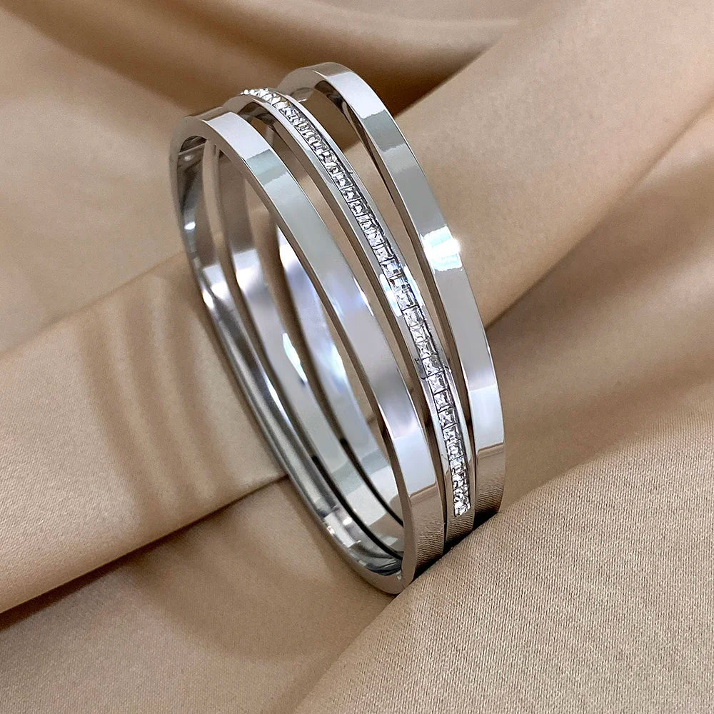 3pcs Glossy Rhinestone Stainless Steel Bangle Bracelet for Women Luxury Gold Silver Color Wristband Bracelet Waterproof Jewelry.