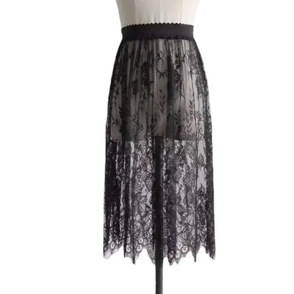 2 Length Elegant Black Skirt White Lace Transparent Long Tulle Skirt Ladies Elastic High Waist Beach Midi Skirt Drop shipping.