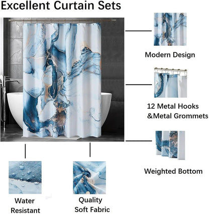 Duschvorhang-Set aus blau-goldenem Marmor, abstraktes Granitmuster, luxuriöse, moderne, wasserdichte Badezimmerdekoration