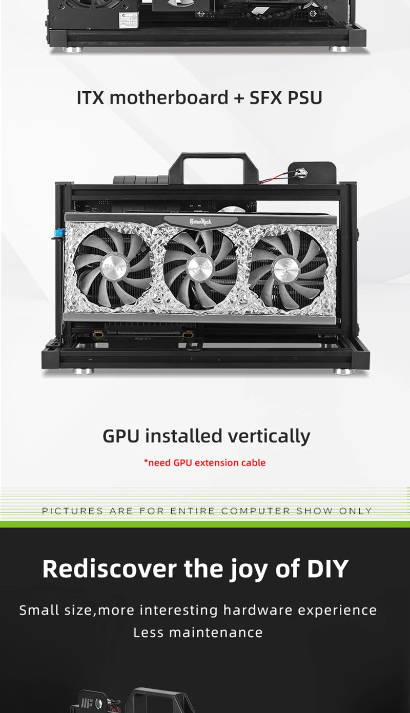 METALFISH ITX A4 Aluminum Open Frame Case, Vertical GPU, 240mm Cooler, Mini-ITX Compatible, DIY Gaming PC.