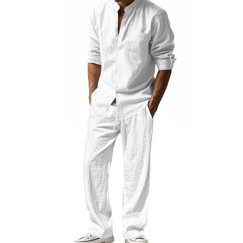 2025 Cross-border American Four Seasons Linen Men's Casual Suit Loose Long Sleeve Pants Shirt Suit Men's.