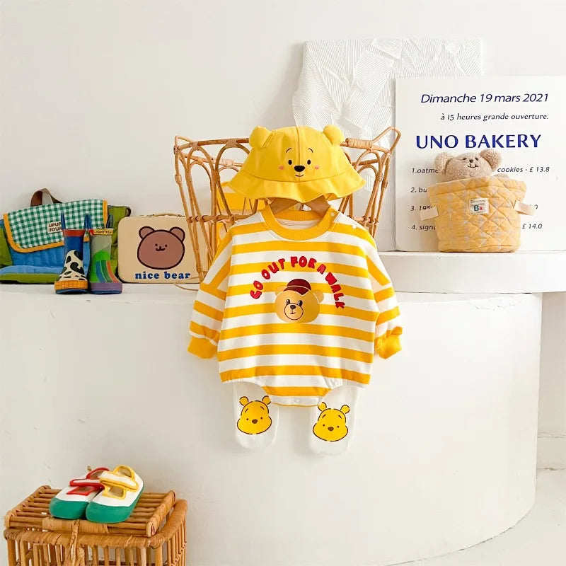 Gelbe Kollektion Frühling Herbst Baby Mädchen Junge Rundkragen Lange Ärmel Cartoon Bär Body/Strampler Neugeborenen Overall K31266.