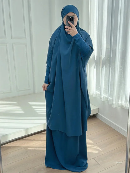 16 Colors 2 Pcs Set Ramadan Eid Modest Abaya Women Muslim Dress Hijab Suit Kaftan Robe Femme Musulmane Islam Caftan Kebaya Sets