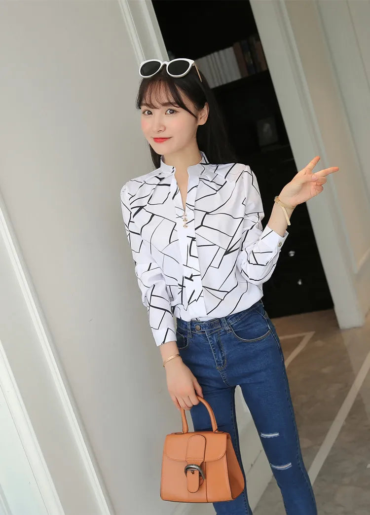 Stripe Women Blouse Fashion Standing Collar Women's Shirt Long Sleeved Shirts and Blouses Printing Ladies Tops Basic Womens Tops