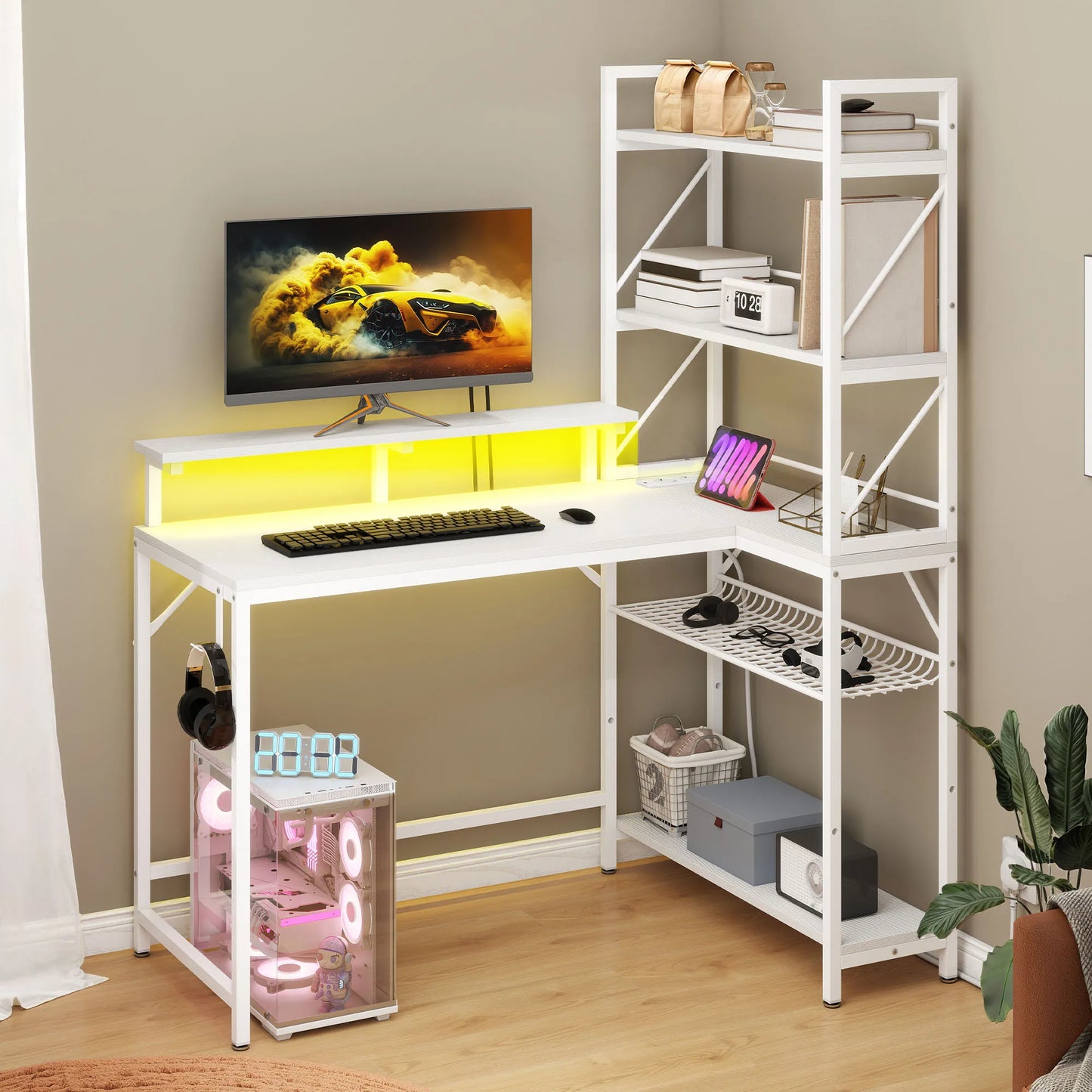 YITAHOME Weißer L-förmiger LED-Gaming-Schreibtisch 106 cm mit USB-Steckdosen