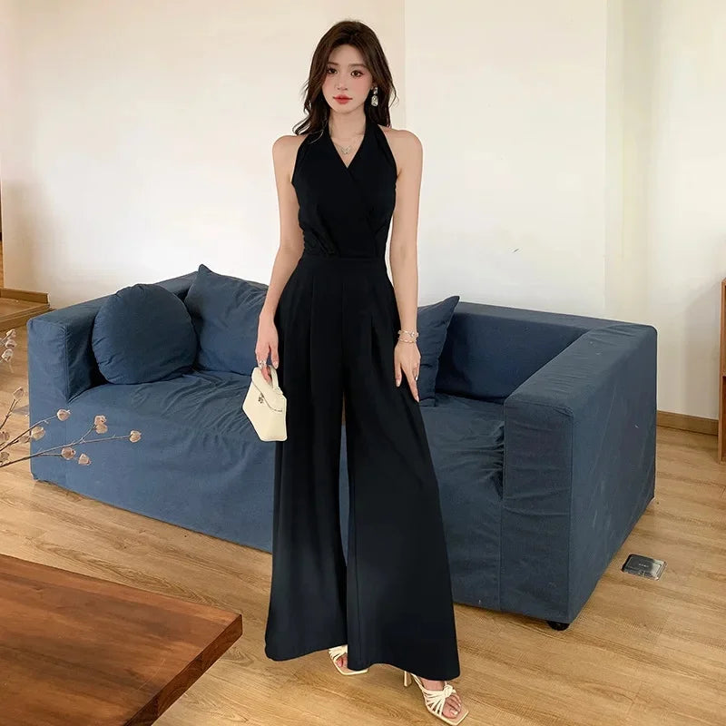 French Vintage Polyester Halter One-Piece Pants Women's Summer Business Commute High Waist Slimming Versatile Suit Long Pants