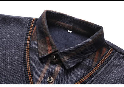 New Autumn Winter Sweaters Men's Velvet Pullover Knitted Bottom Shirts Men's Polo Pullover Wine Red Fleeced Knitwear.