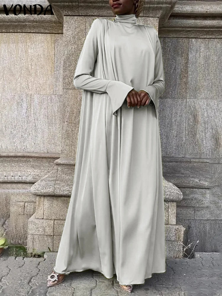VONDA Frauen Böhmischen Lange Maxi Kleid 2024, Elegante Langarm Hohe Kragen Roben Casual Einfarbig Vestidos Vintage Sommerkleid.