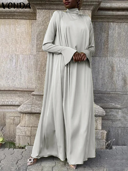 VONDA Frauen Böhmischen Lange Maxi Kleid 2024, Elegante Langarm Hohe Kragen Roben Casual Einfarbig Vestidos Vintage Sommerkleid.